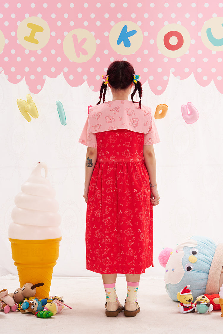 NIKKOU Pink & Red Sleeveless Jumper Dress | Harajuku Embroidered Dress dress Nikkou home