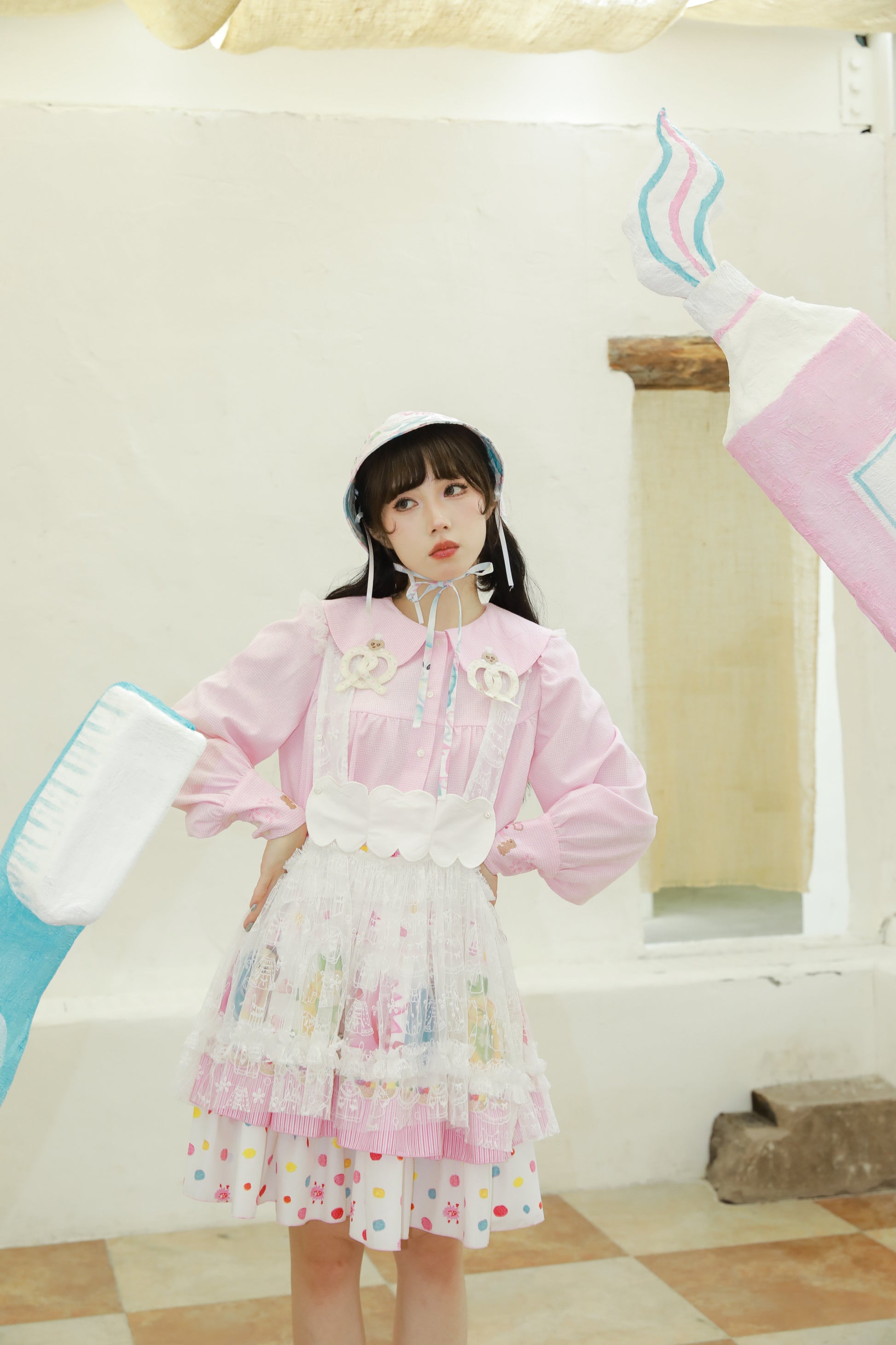 Meugler Two-Tone Mole Alkali Water Knot Embroidery Checkered Doll Collar Long Sleeve/Short Sleeve Shirt shirt Meugler