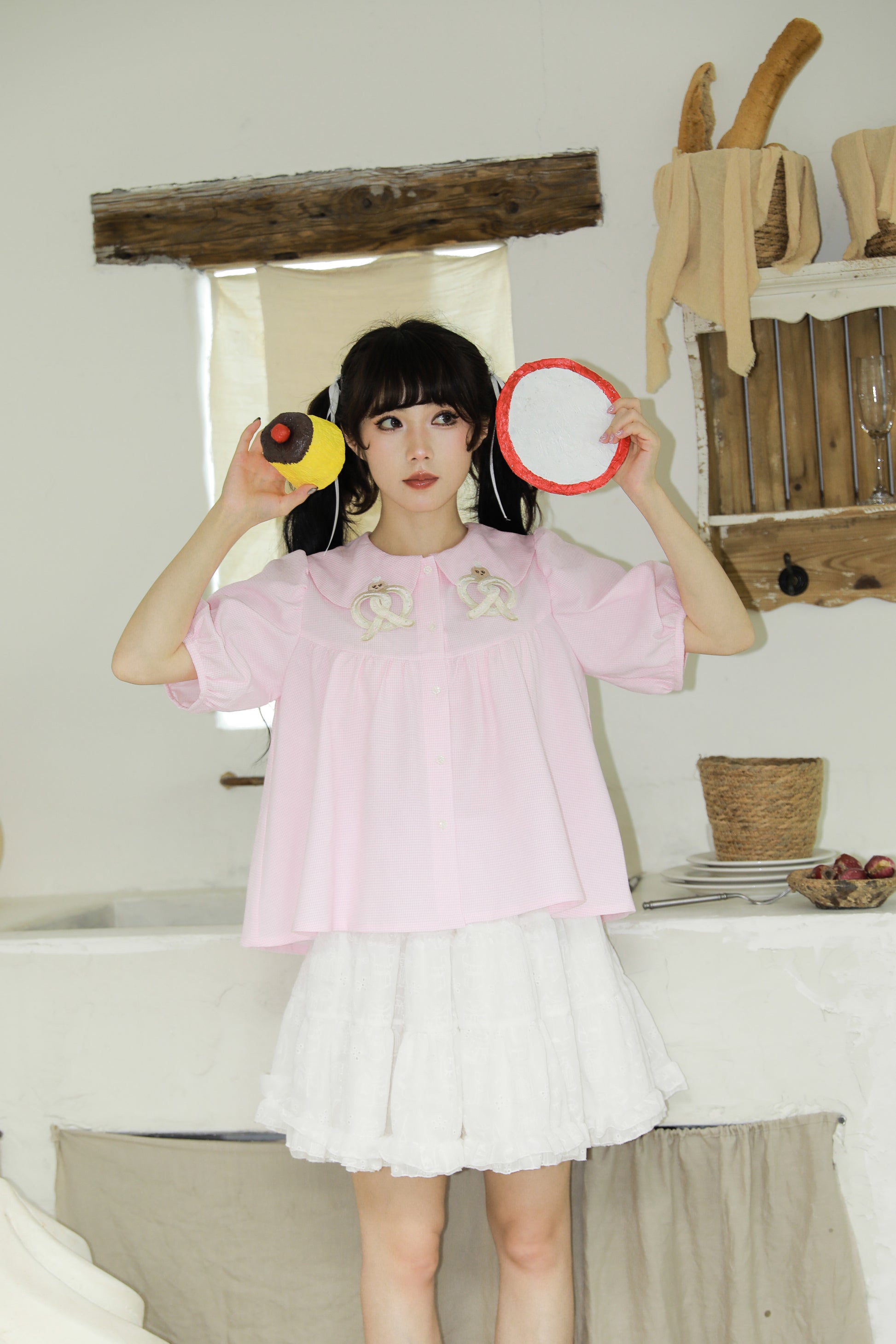 Meugler Two-Tone Mole Alkali Water Knot Embroidery Checkered Doll Collar Long Sleeve/Short Sleeve Shirt shirt Meugler