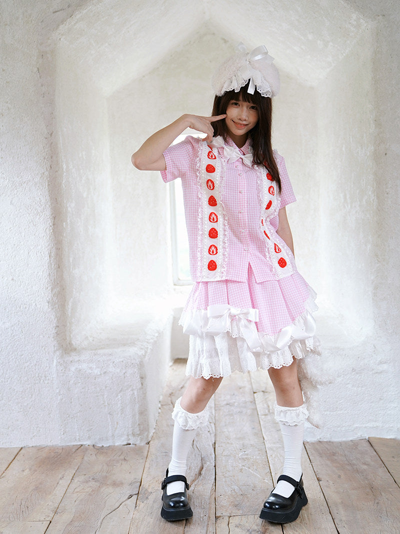 Daytoday Everyday Institute - Strawberry Plaid Bow Shirt shirt daytoday everyday institute