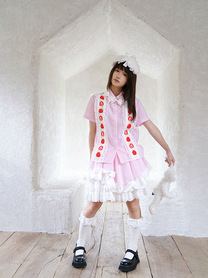 Daytoday Everyday Institute - Strawberry Plaid Bow Shirt shirt daytoday everyday institute