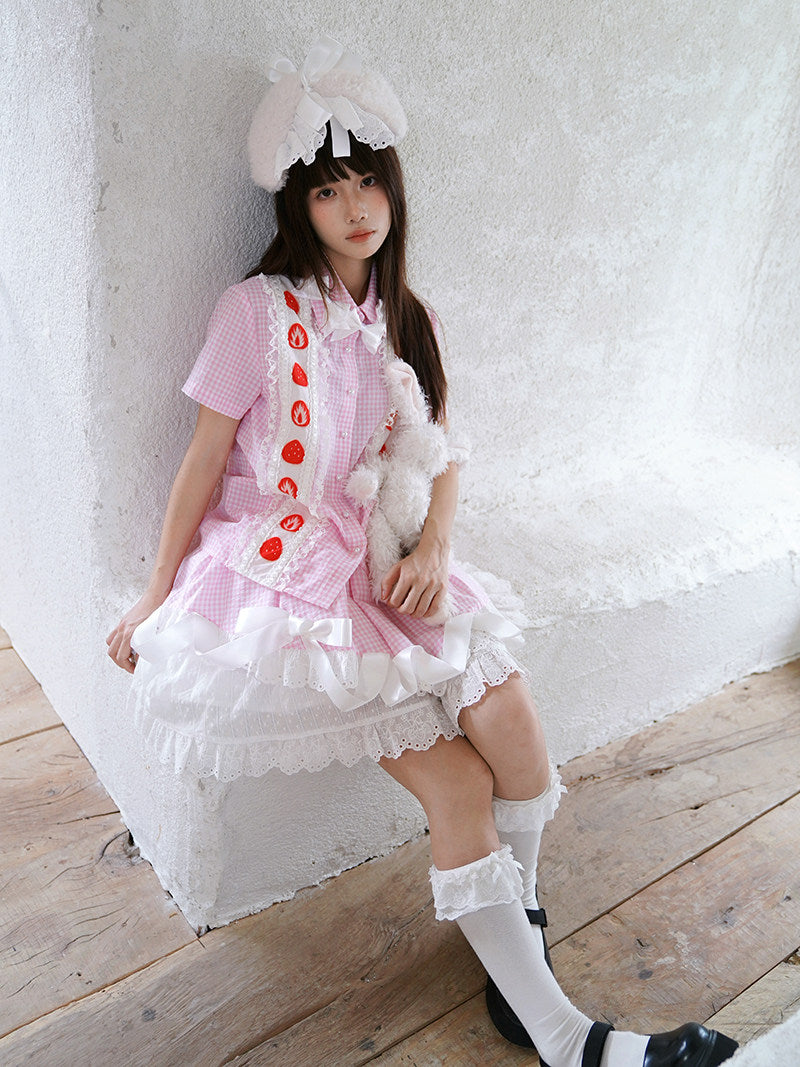 Daytoday Everyday Institute - Strawberry Plaid Bow Shirt shirt daytoday everyday institute