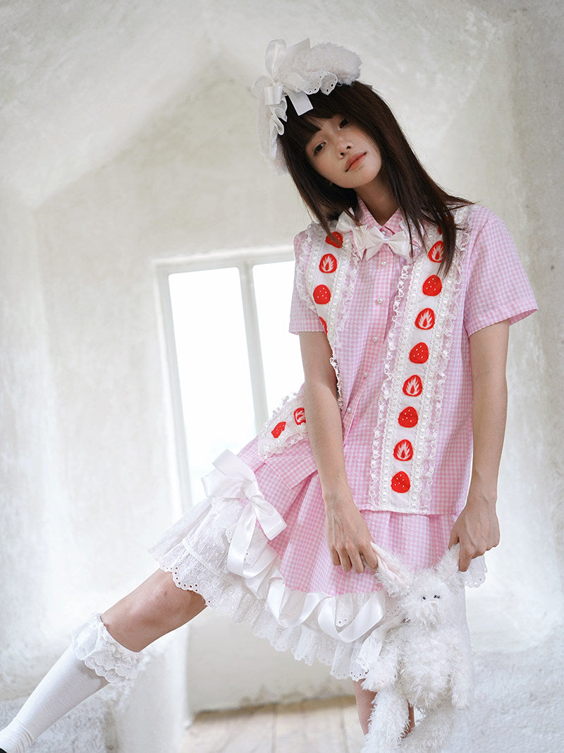 Daytoday Everyday Institute - Strawberry Plaid Bow Shirt shirt daytoday everyday institute