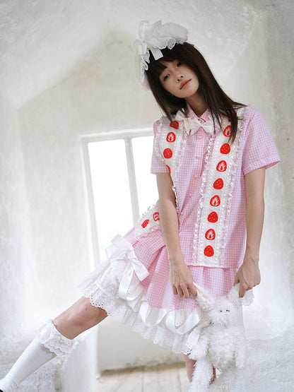Daytoday Everyday Institute - Strawberry Plaid Bow Shirt shirt daytoday everyday institute