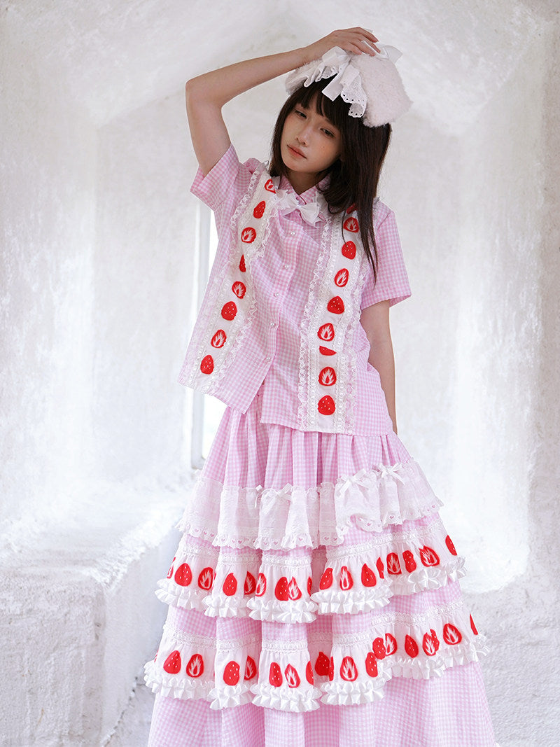 Daytoday Everyday Institute - Strawberry Plaid Bow Shirt shirt daytoday everyday institute