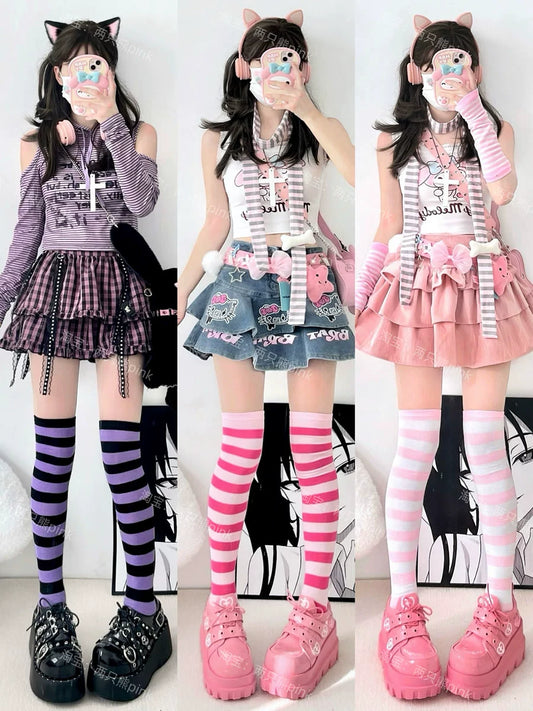 Colorful Stripes Socks Colorful Overknee Socks Punk JK Socks sock 2 bears