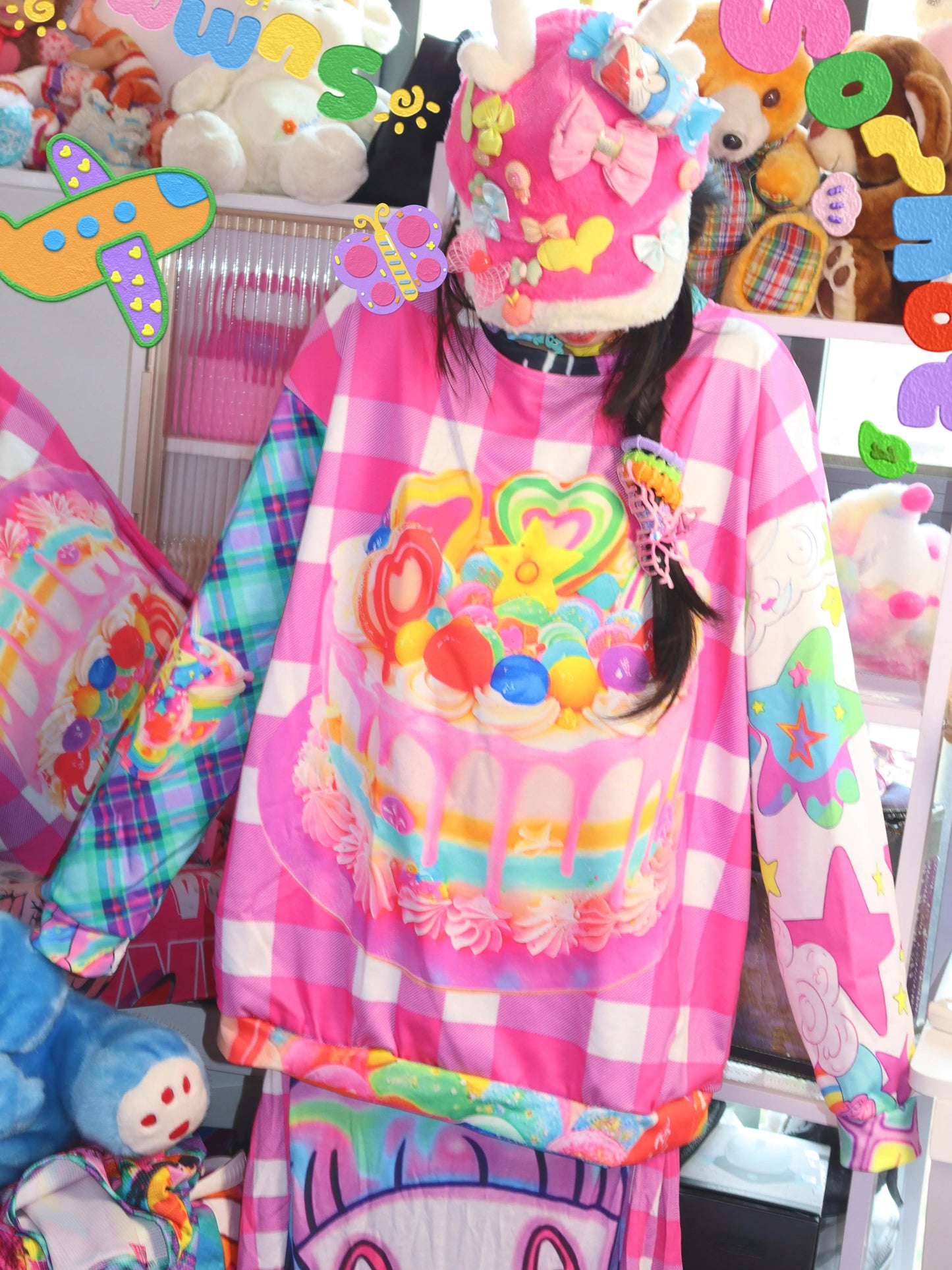Leerroo Decora Sweatshirt Birthday Cake Shirt Bright Plaid Top sweater Leerroo
