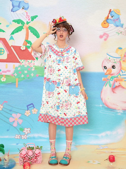 Harajuku Dress Cherry Elephant Print Dress Plaid Patchwork Dress Sweet Dress dress Lutra Jump