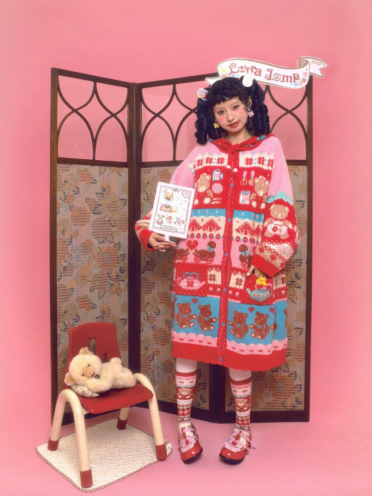 Harajuku Hoodie Red Tea Bear Hoodie Cardigan Decora Kei Hoodie cardigan Lutra Jump