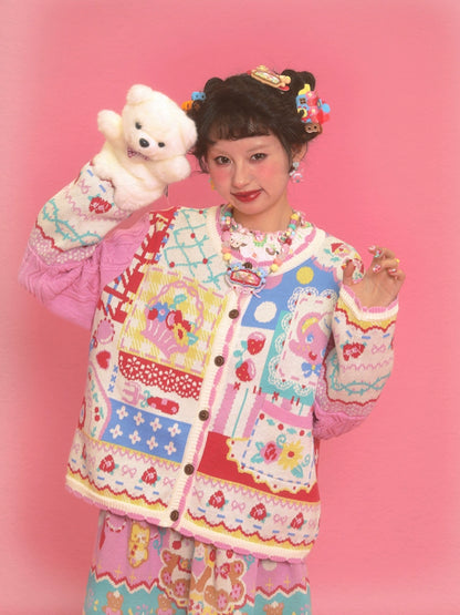 Harajuku Cardigan Pink Elephant Patchwork Knitted Cardigan Cable Knit Playful Sweater cardigan Lutra Jump