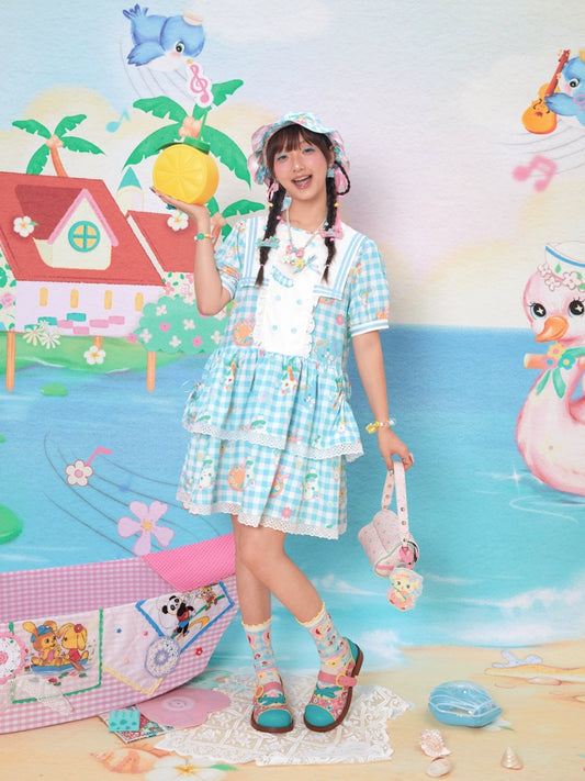Harajuku Dress Sailor Collar Plaid Dress Cat Print Dress Tiered Dress Dress Blue & Pink dress Lutra Jump