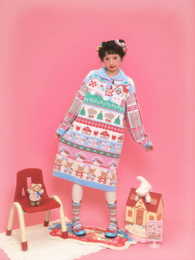 Harajuku Dress Snowy Coffee House Striped Knit Dress Doll Collar Dress dress Lutra Jump