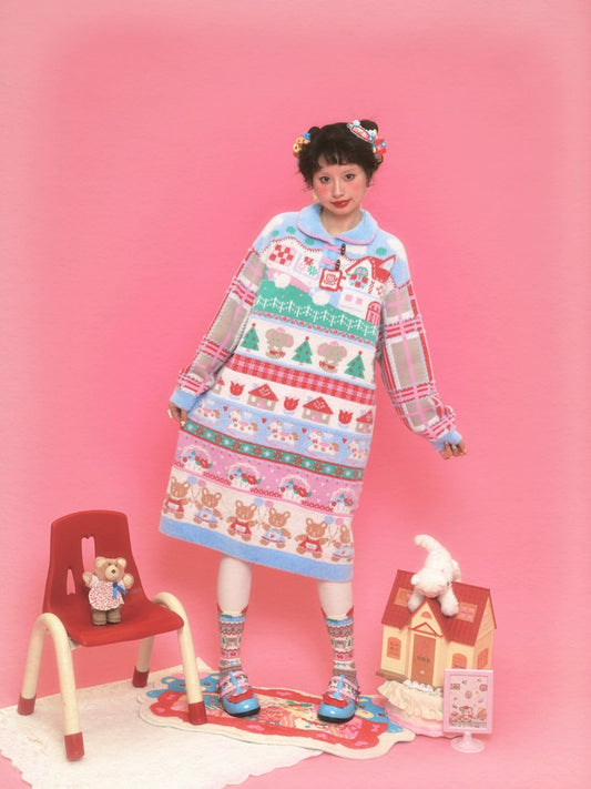 Harajuku Dress Snowy Coffee House Striped Knit Dress Doll Collar Dress dress Lutra Jump