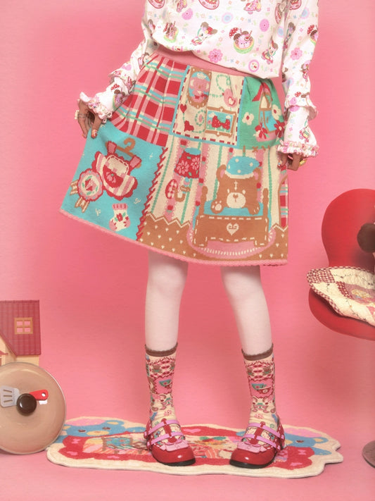 Harajuku Skirt Vintage Bear Reversible Knit Skirt Shell Lace Trim Skirt skirt Lutra Jump