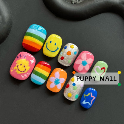 Puppy Rainbow Smiley Hand-Painted Y2K Cute Colorful Short Dopamine Nails