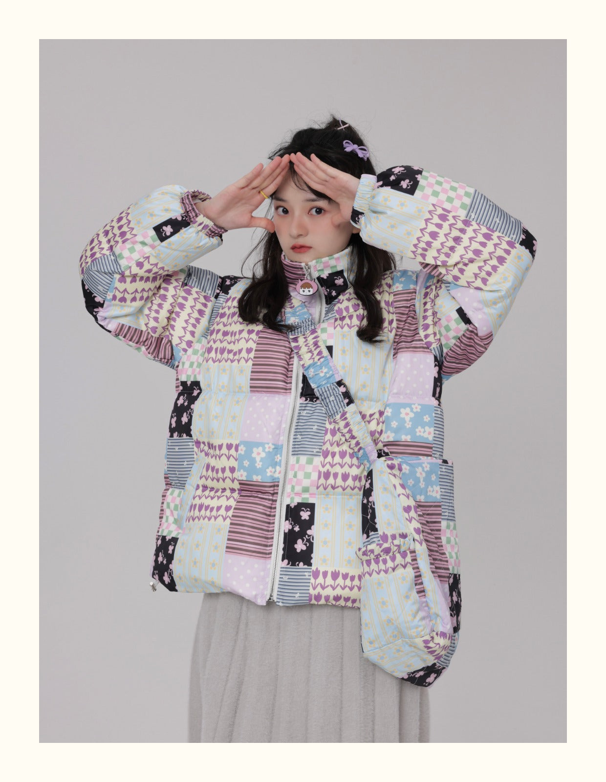 KaiXin Hostel Winter Patchwork Print Zipper Down Jacket – Original Design