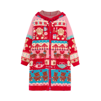 Lutra Jump Decora Kei Red Tea Bear Hoodie Cardigan