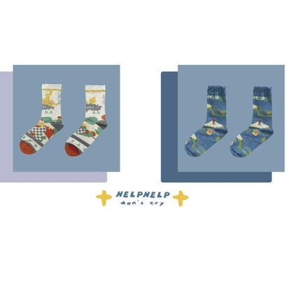 HELPHELP Winter New Original Illustration Ruffle-Edge Mid-Calf Socks 2-Pair Set