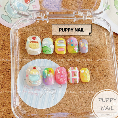 Puppy Summer Sweets Hand-Painted Dopamine Nail Art