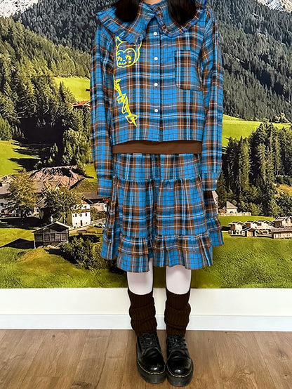 BunnyBunnyGun - Vintage Blue Plaid Ruffle Collar Loose Shirt blouse bunnybunnygun