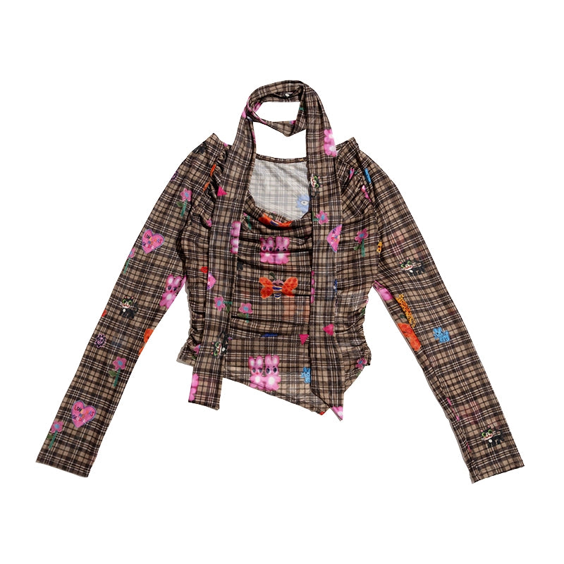 Iscreamcolour Plaid Shirt with Scarf Girly Fashion