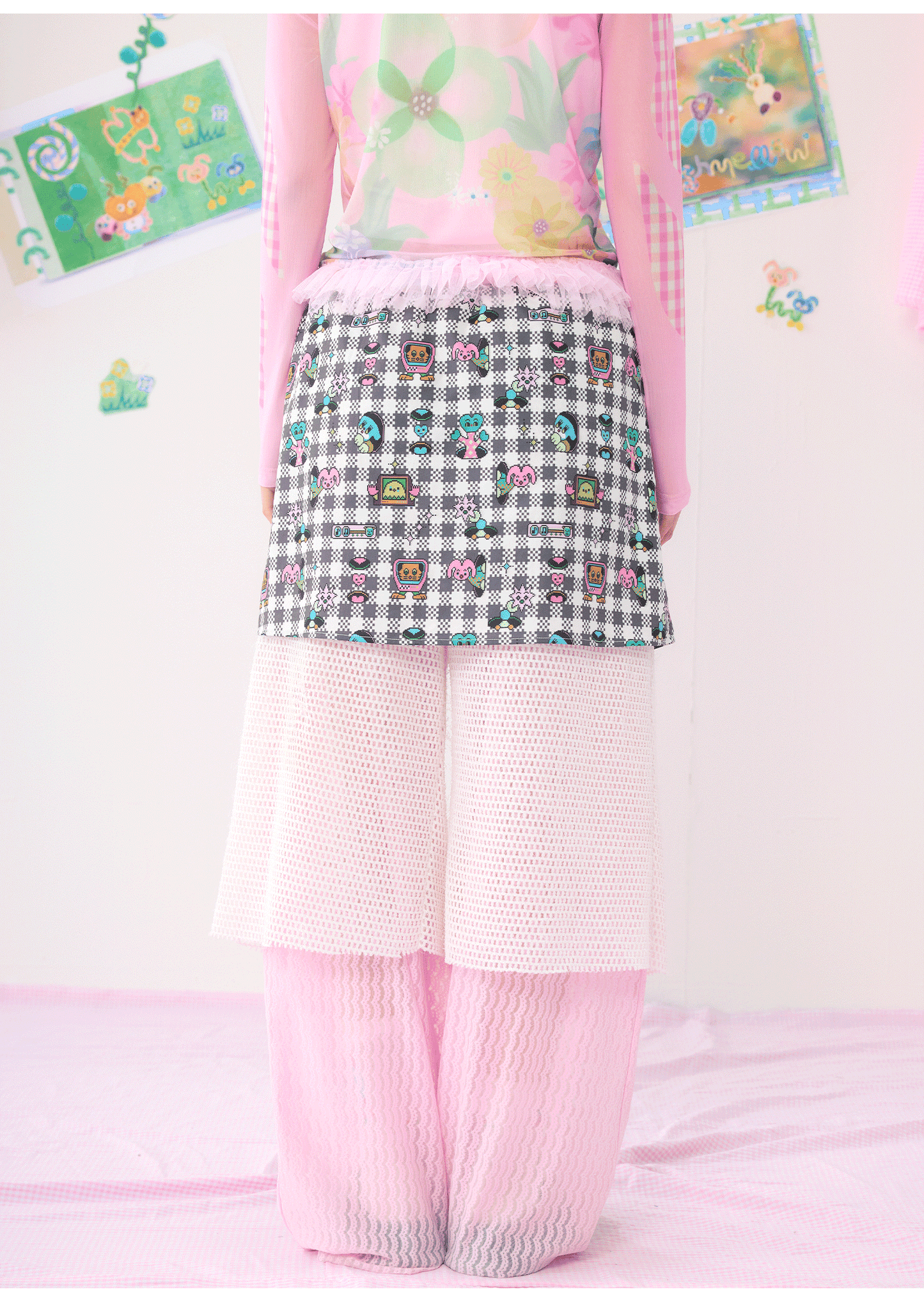 HELPHELP Harajuku Style Mosaic Print Three-Layer Hollowed Out Pants