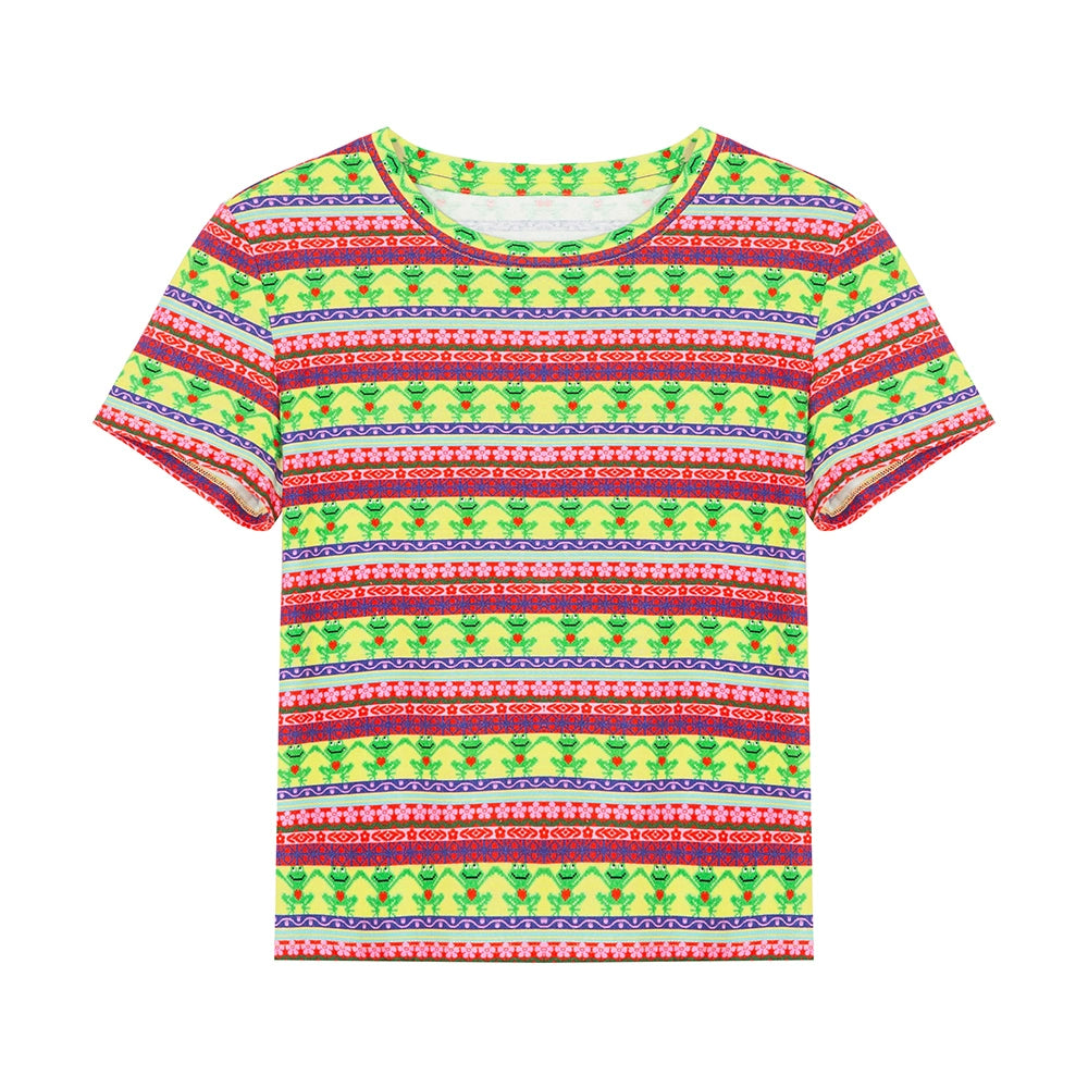 Tntntutu Colorful Striped T-Shirt with Pixel Frog Print Cotton Short-Sleeve