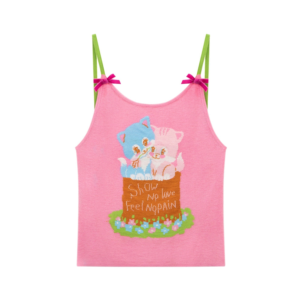 Tntntutu Pink Kitten Knitted Tank Top with Bow Spring/Summer Cute Girl Vest