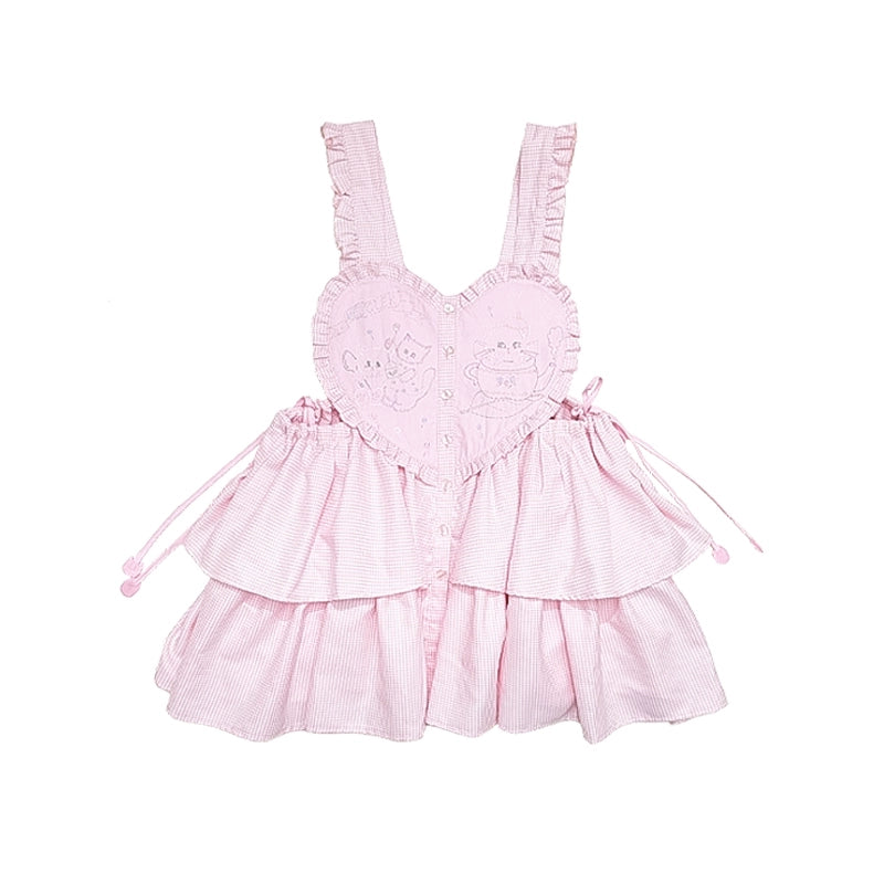 Meugler Lolita Layered Sweet Pink Heart Apron with Teapot Cat Embroidery – Harajuku Style dress Meugler
