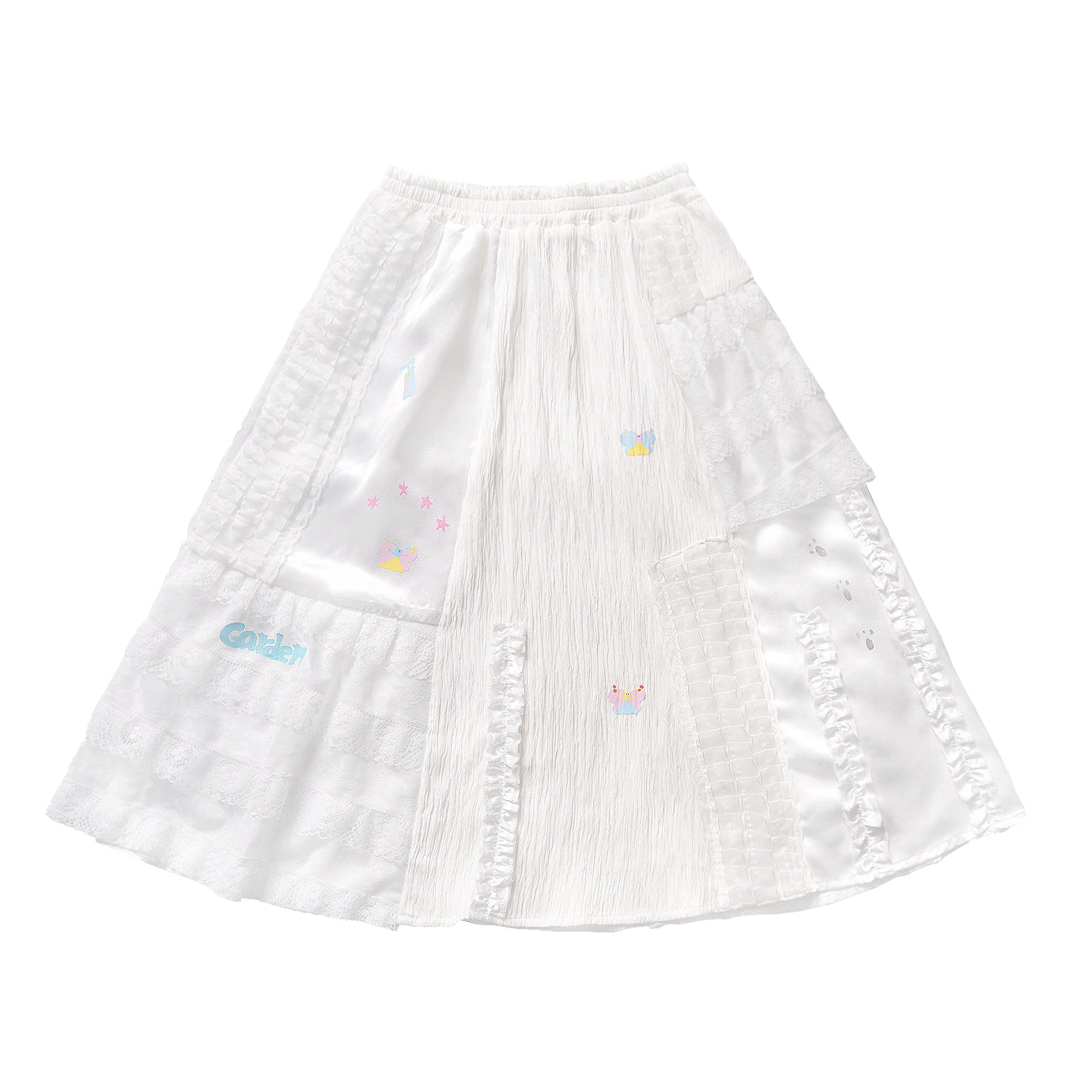 HELPHELP Harajuku Style Printed Patchwork Lace Satin Cute Versatile White Skirt