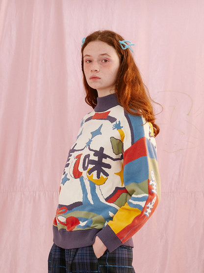 Harajuku-style HELPHELP reversible purple sweater featuring colorful food illustrations for a fun and cozy look.