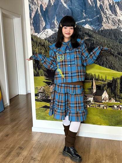 BunnyBunnyGun - Vintage Blue Plaid Ruffle Collar Loose Shirt blouse bunnybunnygun