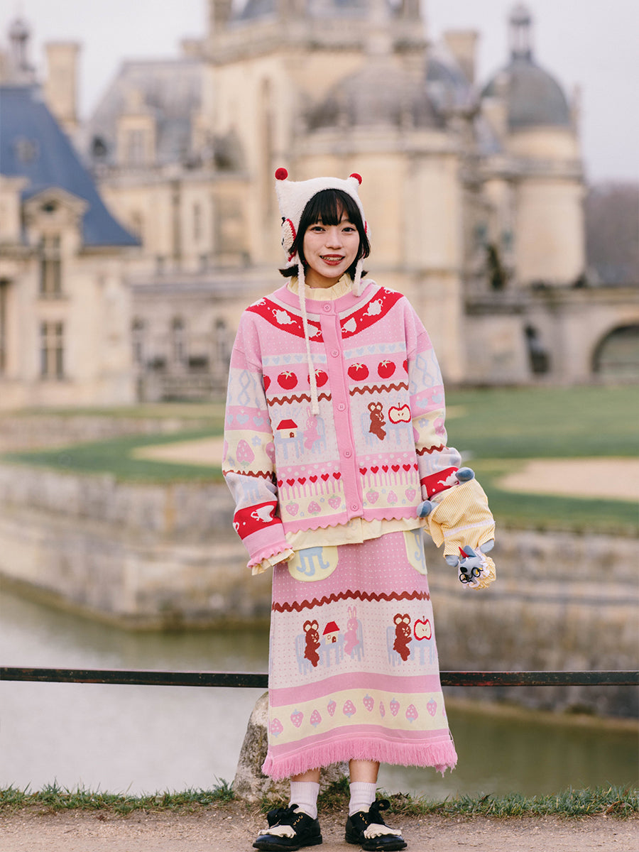 Meugler Bear Rabbit Playhouse Colorful Cute Striped Knit Set – Cardigan & Skirt set Land Decora