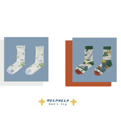 HELPHELP Winter New Original Illustration Ruffle-Edge Mid-Calf Socks 2-Pair Set