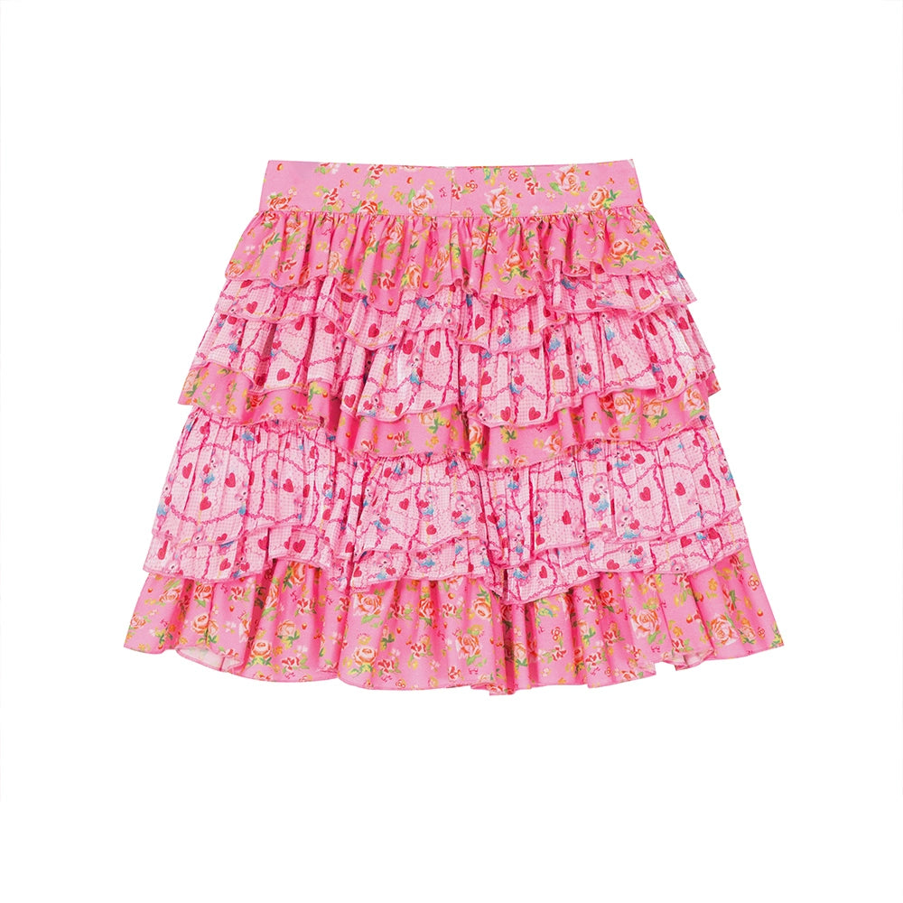 Tntntutu Pink Tiered Cake Skirt with Floral & Teddy Bear Embroidery