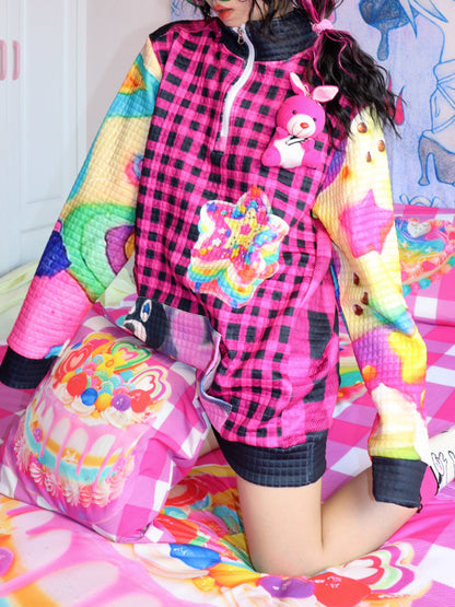 Leerroo Decora Fashion Jacket Colorful Harajuku Hoodie Bright Zipper Jacket