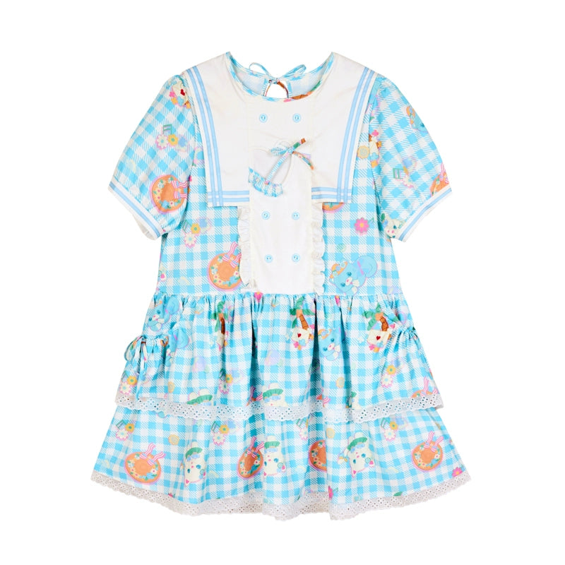 Lutra Jump Sailor Collar Plaid Cat Print Tiered Dress – Blue & Pink