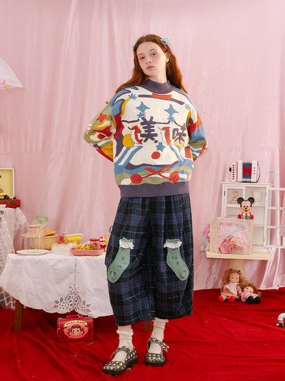 Harajuku-style HELPHELP reversible purple sweater featuring colorful food illustrations for a fun and cozy look.