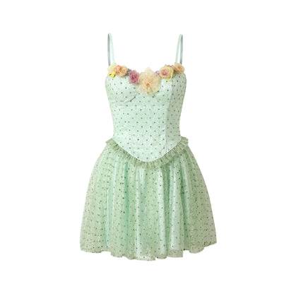 YZZI HE Mint Mambo Green Polka Dot Mesh Floral Dress