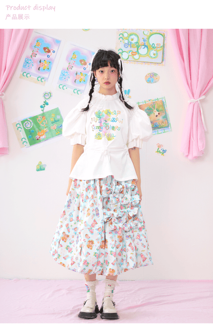 HELPHELP Satin Multicolor Printed Blue Oversized Skirt with Bow