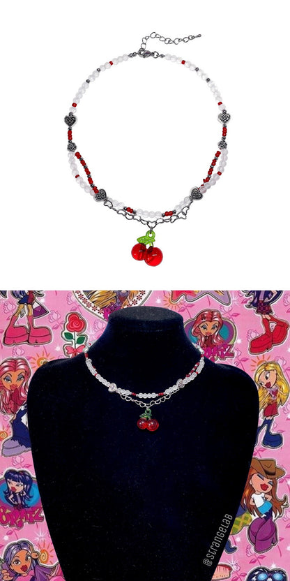 Strangelab Sweet Girl Magic Glass Bead Cherry Necklace | Y2K Handmade Woven Choker