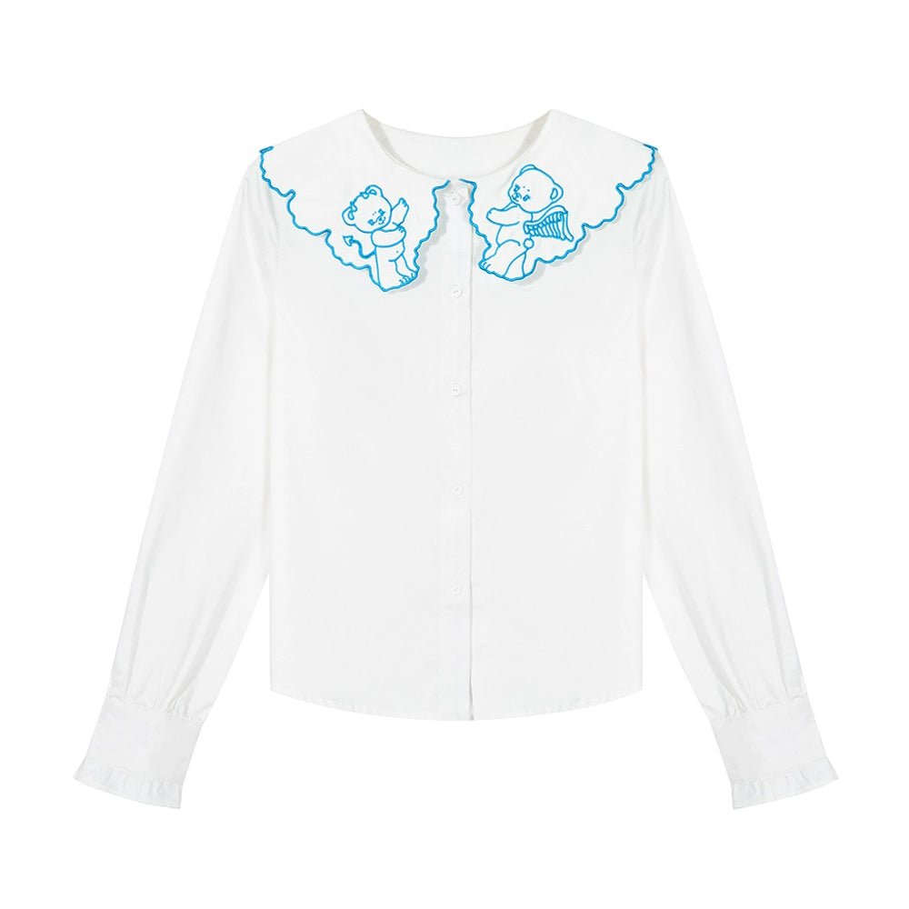 tntntutu Blue Cartoon Bear Embroidered Lace Collar White Shirt