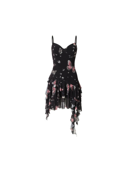 YZZI HE Butterfly Dream Romantic French Vintage Black & Pink Floral Cami Dress