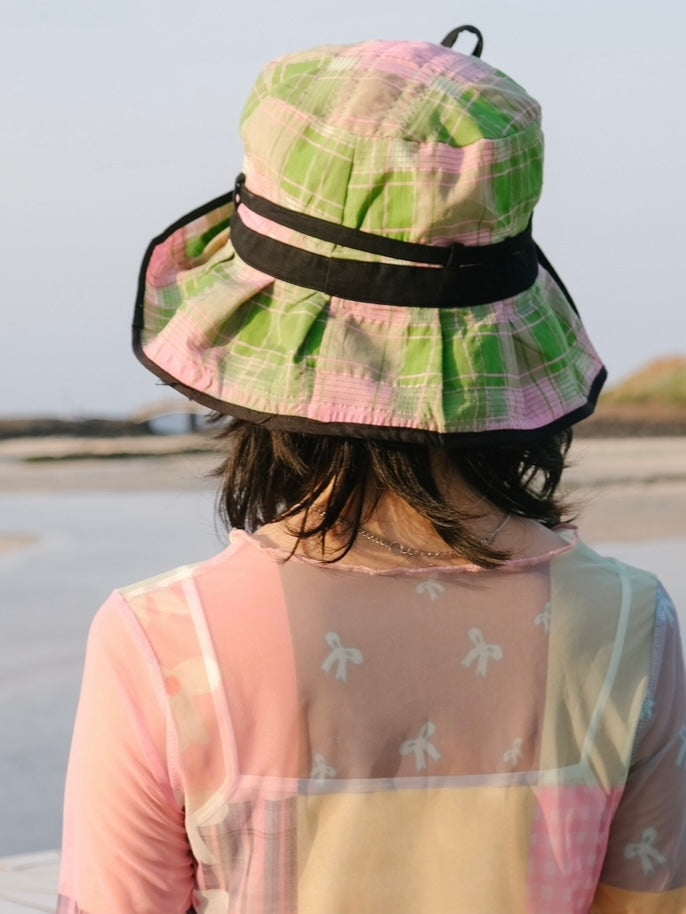 KaiXin Hostel Pink Green Checkered Bow Tie Fisherman Hat Sun Hat