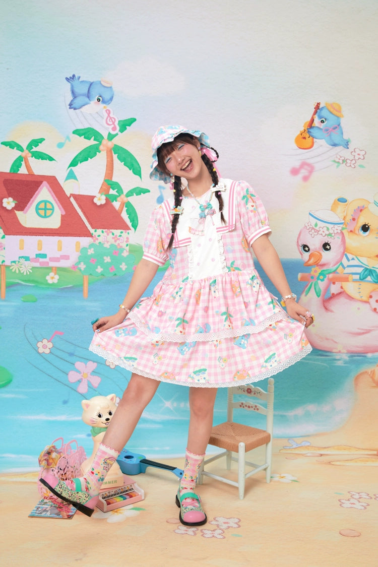 Lutra Jump Sailor Collar Plaid Cat Print Tiered Dress – Blue & Pink