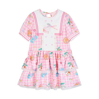 Lutra Jump Sailor Collar Plaid Cat Print Tiered Dress – Blue & Pink