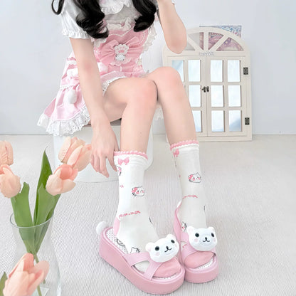 2 Bears - Kawaii Socks Pink Bow Sweet Lolita Print Mid Calf sock 2 bears 5