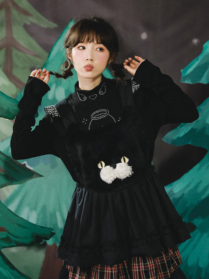 Meugler Soft Plush Black Cat Embroidered Lace Apron Vest – Harajuku Layered Style apron Meugler