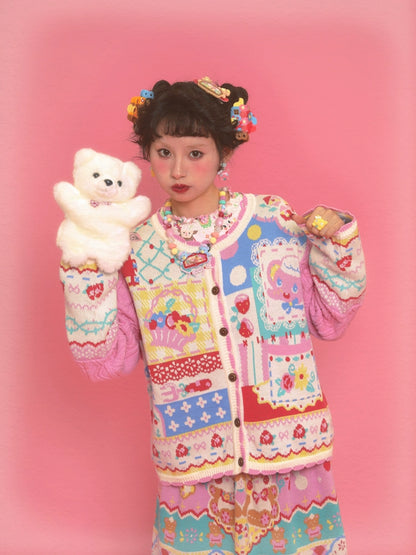 Lutra Jump Pink Elephant Patchwork Knitted Cardigan Cable Knit Playful Sweater