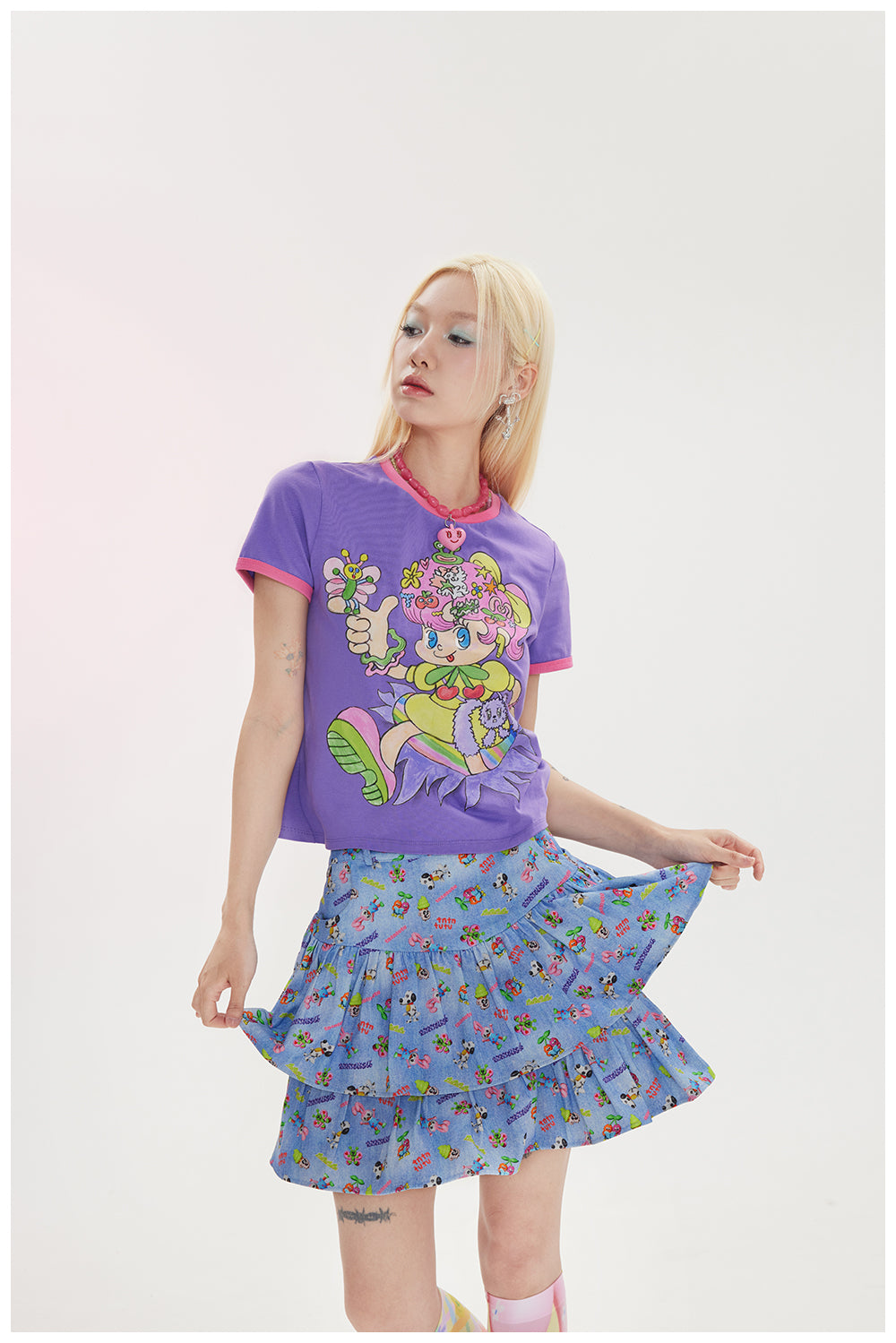 Tntntutu Comic Girl Short Sleeve Print Purple Cotton Summer T-Shirt